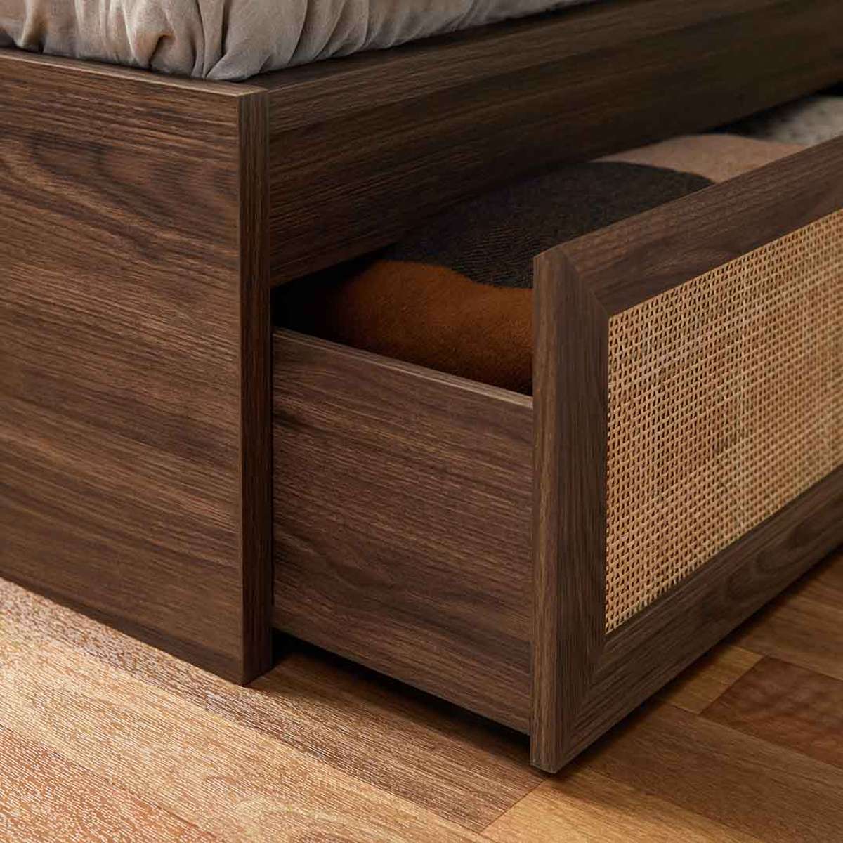 Noosa Rattan Queen Storage Bed Base - Walnut
