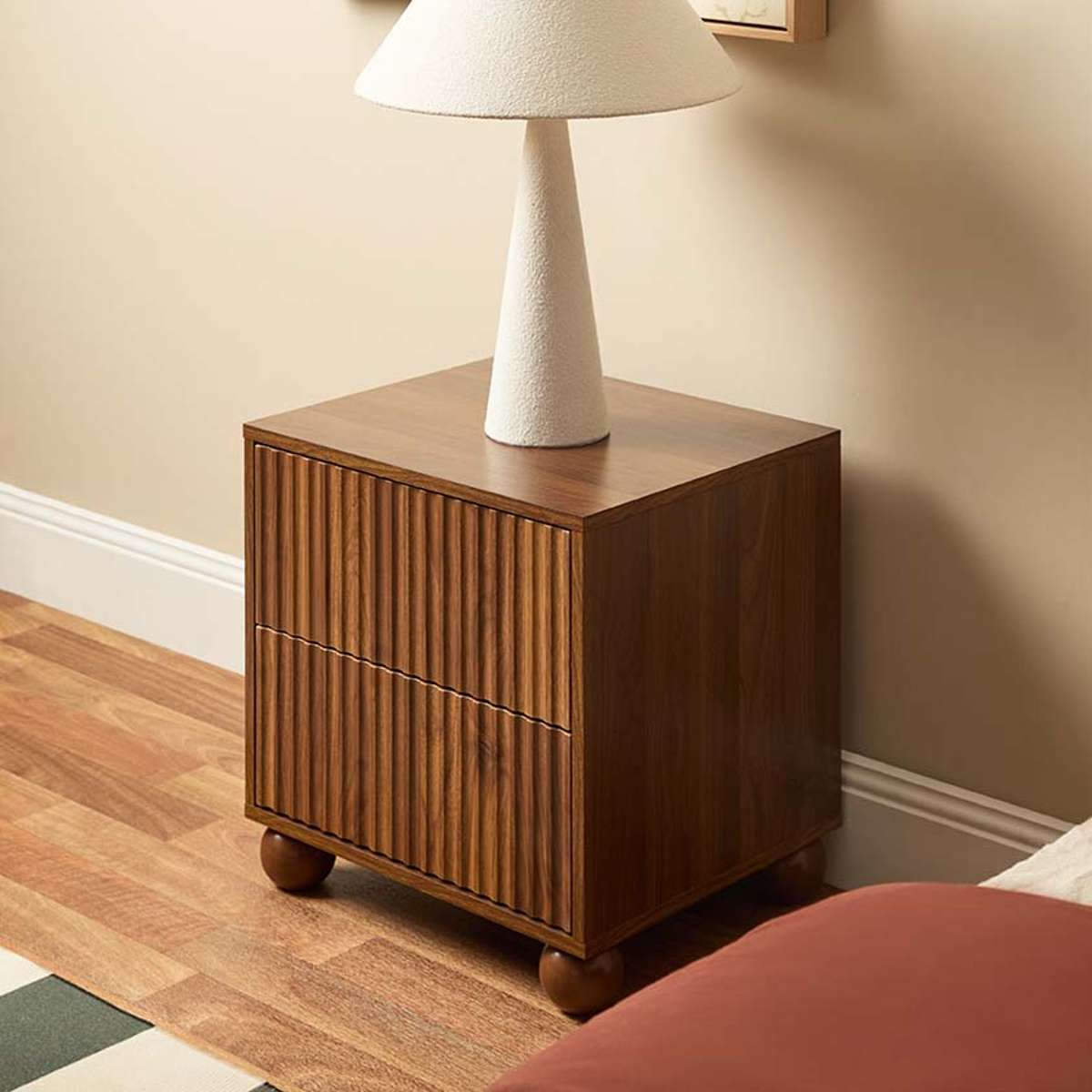 Deven Ball Feet Bedside Table - Walnut