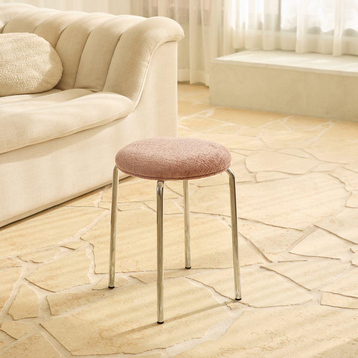 Vivi Chrome Stool - Pink Chenille