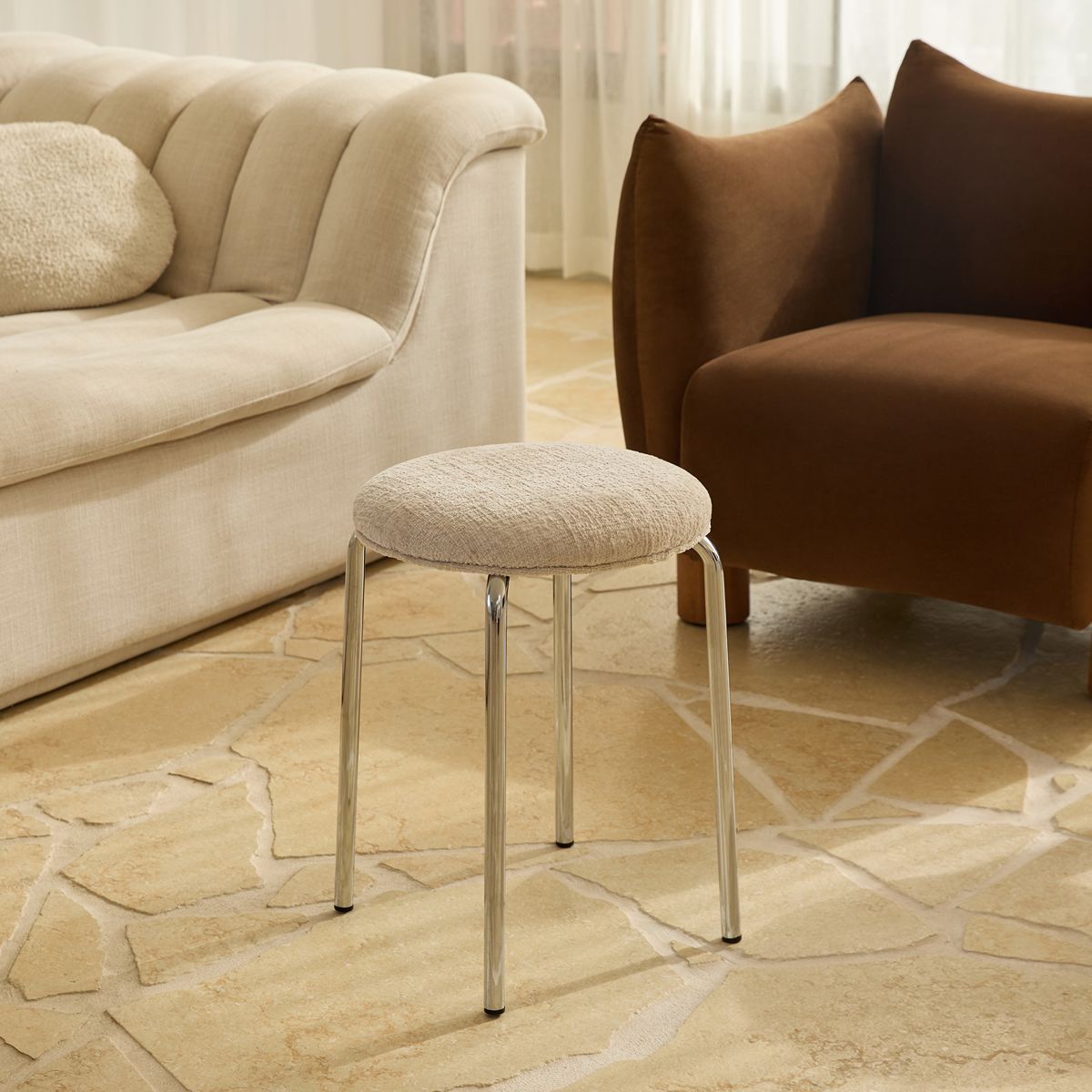 Vivi Chrome Stool - Cream Chenille