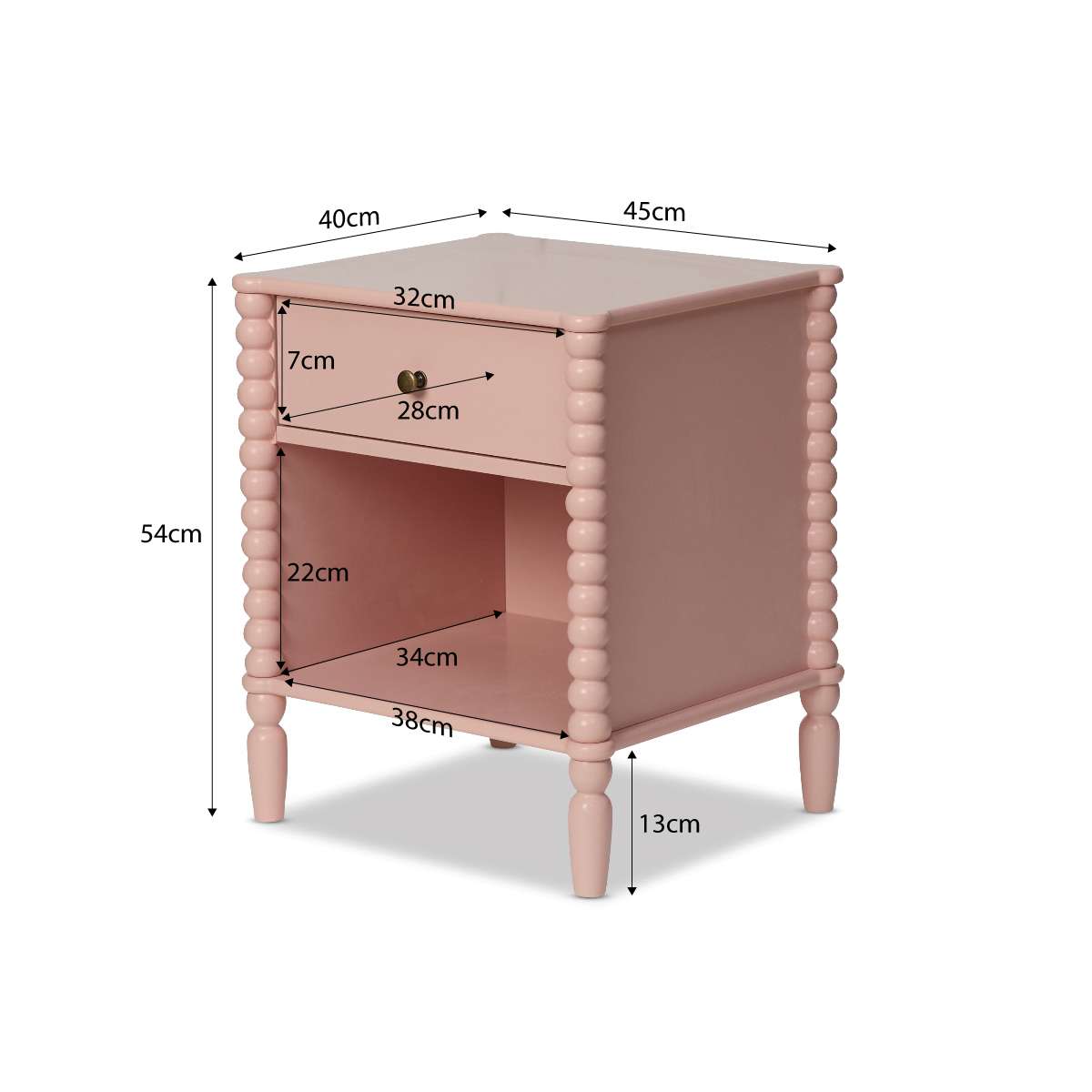 Betti Bobbin One Drawer Bedside Table - Pink