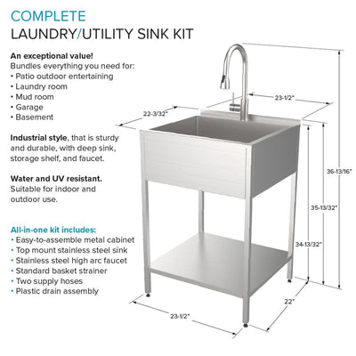 Transolid EWS-2422S 24-in W x 22-in D x 35-in H Stainless Steel Laundry Sink and Wash Stand - 24-in x 22-in