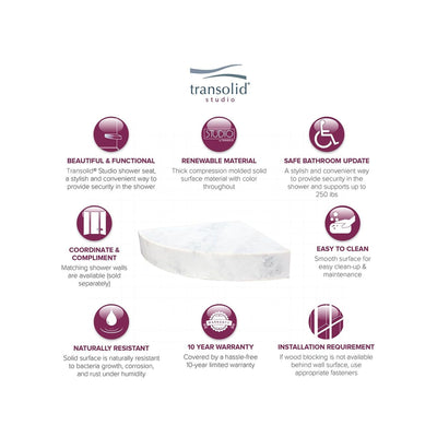 Transolid Studio 14-In X 14-In Solid Surface Wall-Mount Corner Shower Seat - 14.5 x 14.25 x 3