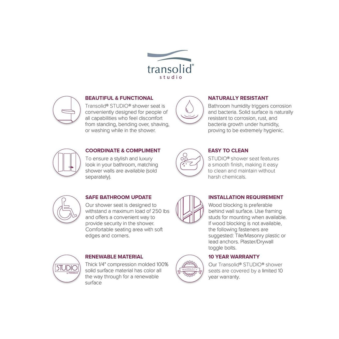 Transolid Studio 14-In X 14-In Solid Surface Wall-Mount Corner Shower Seat - 14.5 x 14.25 x 3