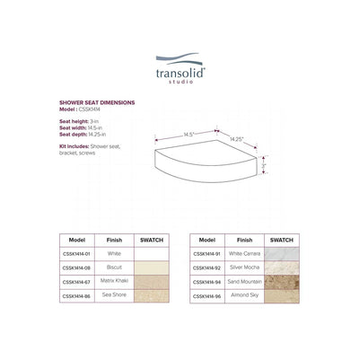 Transolid Studio 14-In X 14-In Solid Surface Wall-Mount Corner Shower Seat - 14.5 x 14.25 x 3