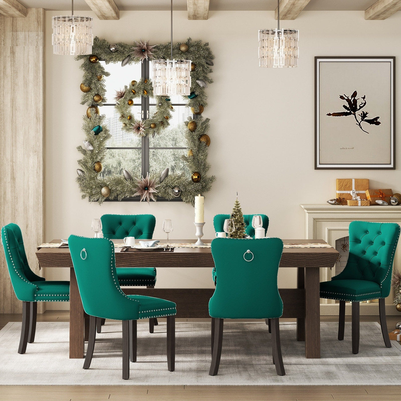 Upholstered Tufted Velvet Dining Chair with Solid Wood Legs Set of 6