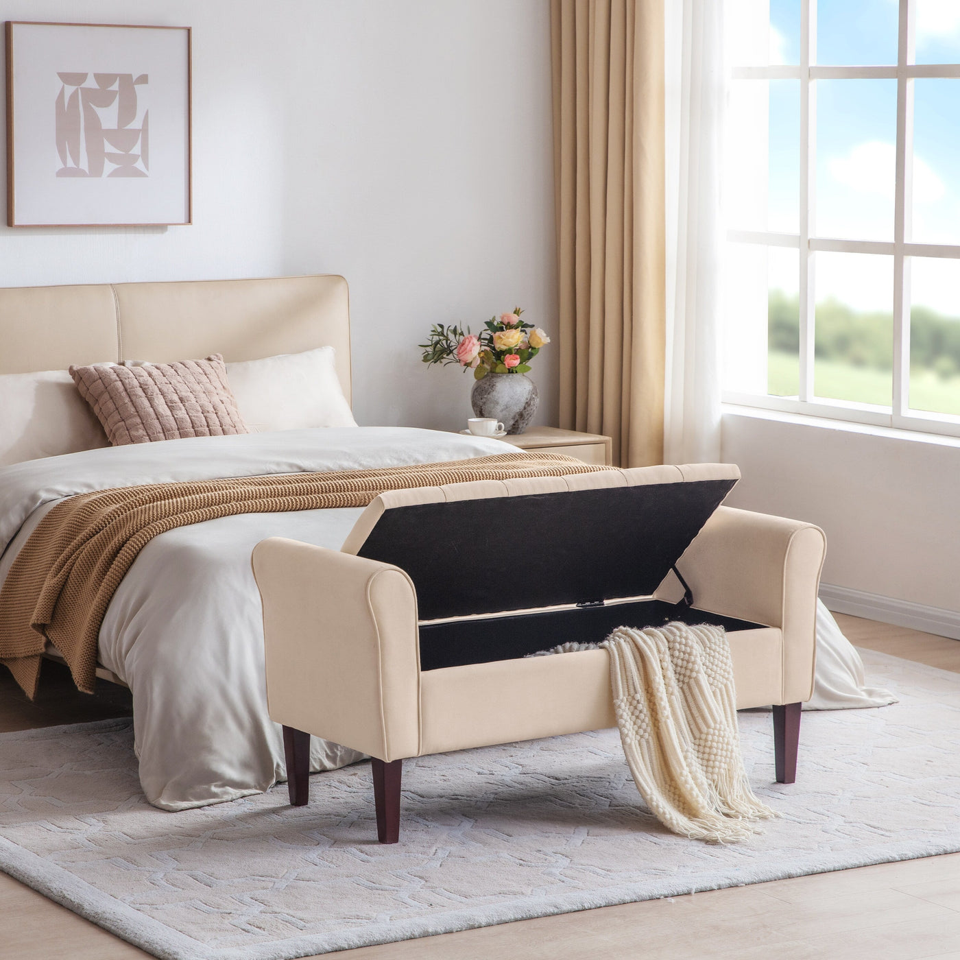 Upholstered Storage Bench Arm Bench Entryway Bench with Tufted Flip Top 50.4 Inches