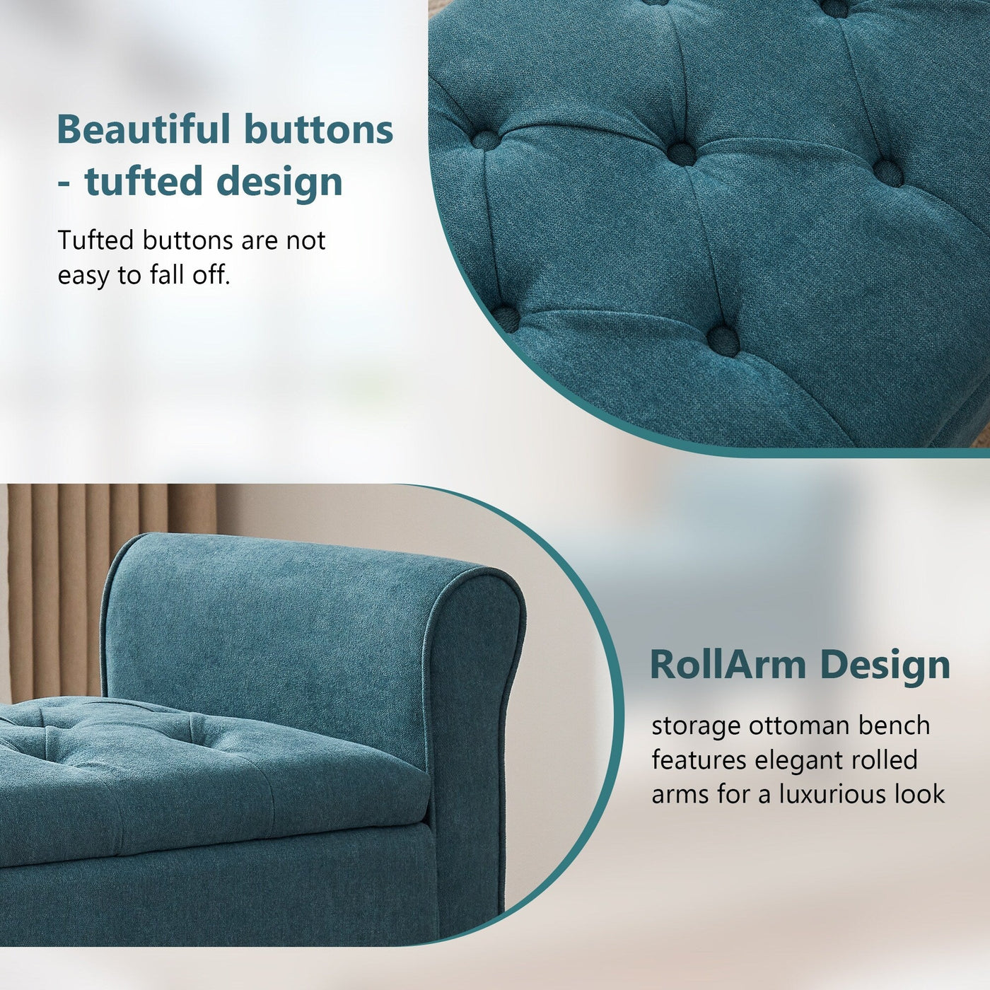 Upholstered Storage Bench Arm Bench Entryway Bench with Tufted Flip Top 50.4 Inches