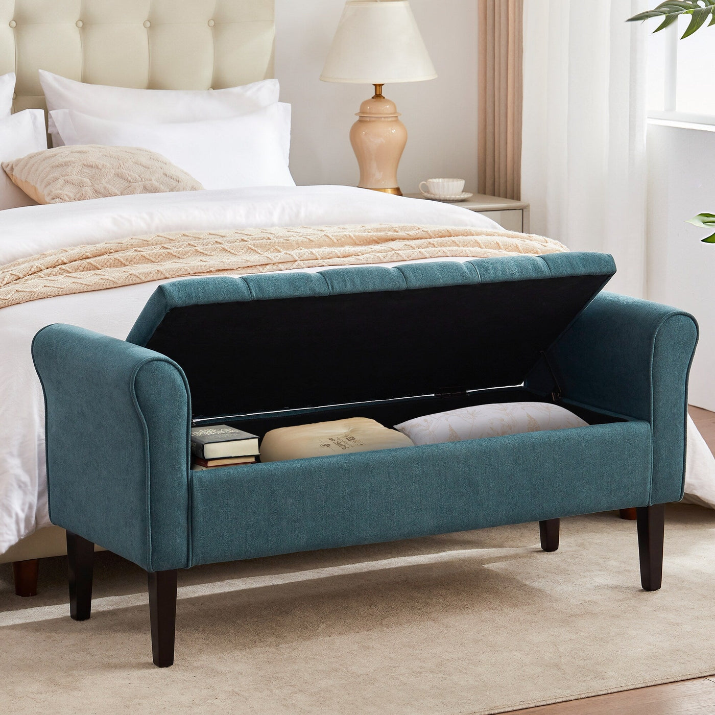 Upholstered Storage Bench Arm Bench Entryway Bench with Tufted Flip Top 50.4 Inches