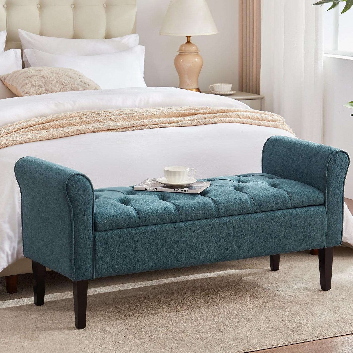 Upholstered Storage Bench Arm Bench Entryway Bench with Tufted Flip Top 50.4 Inches