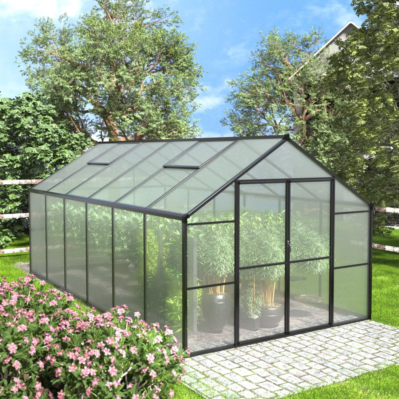VEIKOUS Aluminum Walk-In Garden Greenhouse Kit with Adjustable Roof Vent and Lockable Door Grey
