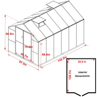VEIKOUS Aluminum Walk-In Garden Greenhouse Kit with Adjustable Roof Vent and Lockable Door Grey
