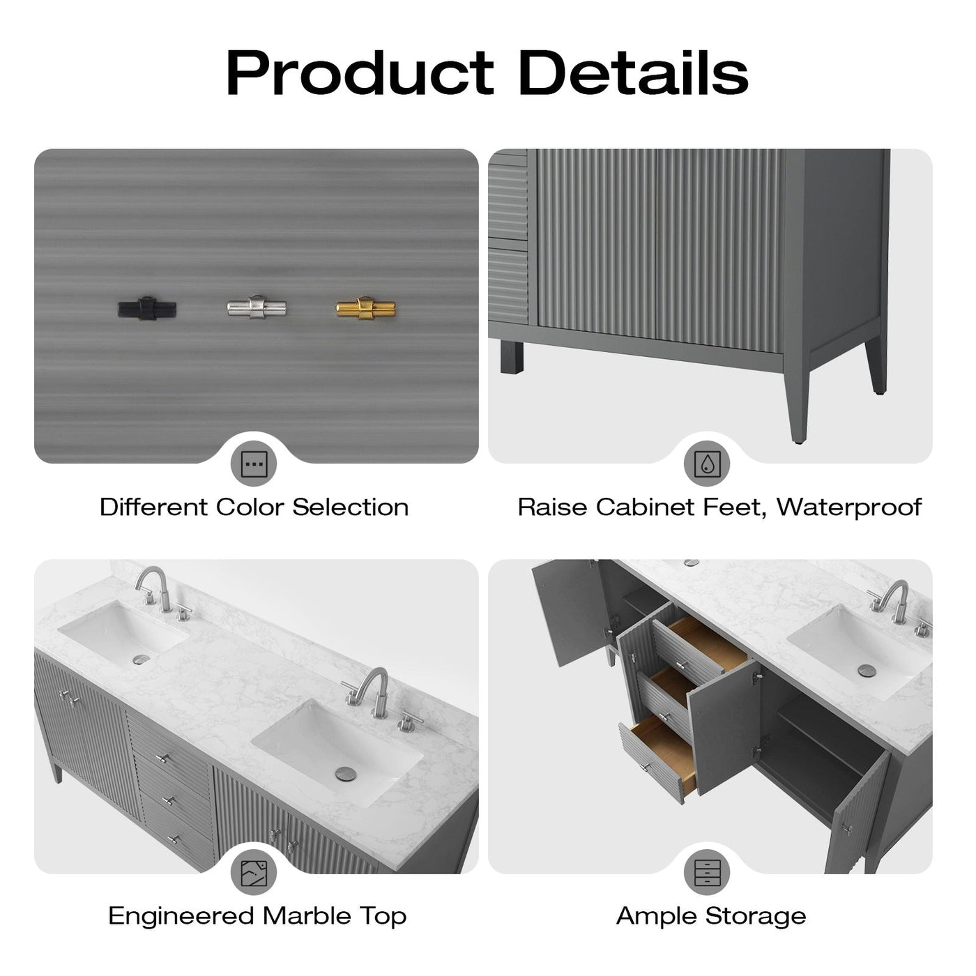 Vanity Art 72 Double Sink Bathroom Vanity Cabinet with Engineered Marble Top