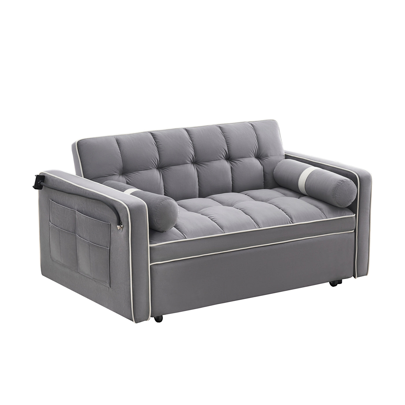Velvet Convertible 55'' 2-Seater Sleeper Sofa with Pull-Out Bed, Adjustable Recline, Side Pockets, and Phone Holder