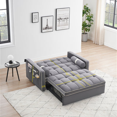 Velvet Convertible 55'' 2-Seater Sleeper Sofa with Pull-Out Bed, Adjustable Recline, Side Pockets, and Phone Holder