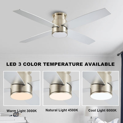 WINGBO 44/52 Inch Flush Mount DC Ceiling Fan with Lights and Remote, 4 Reversible Blades