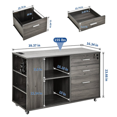 Wood File Cabinet with Charging Station Mobile Lateral Filing Cabinet Lockable Fits A4 Letter Legal Size Files