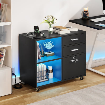 Wood File Cabinet with Charging Station Mobile Lateral Filing Cabinet Lockable Fits A4 Letter Legal Size Files