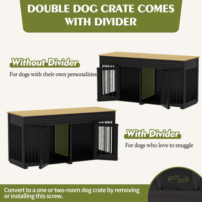 Wooden Double Dog Crate Kennel Furniture with 2 Drawers & Divider