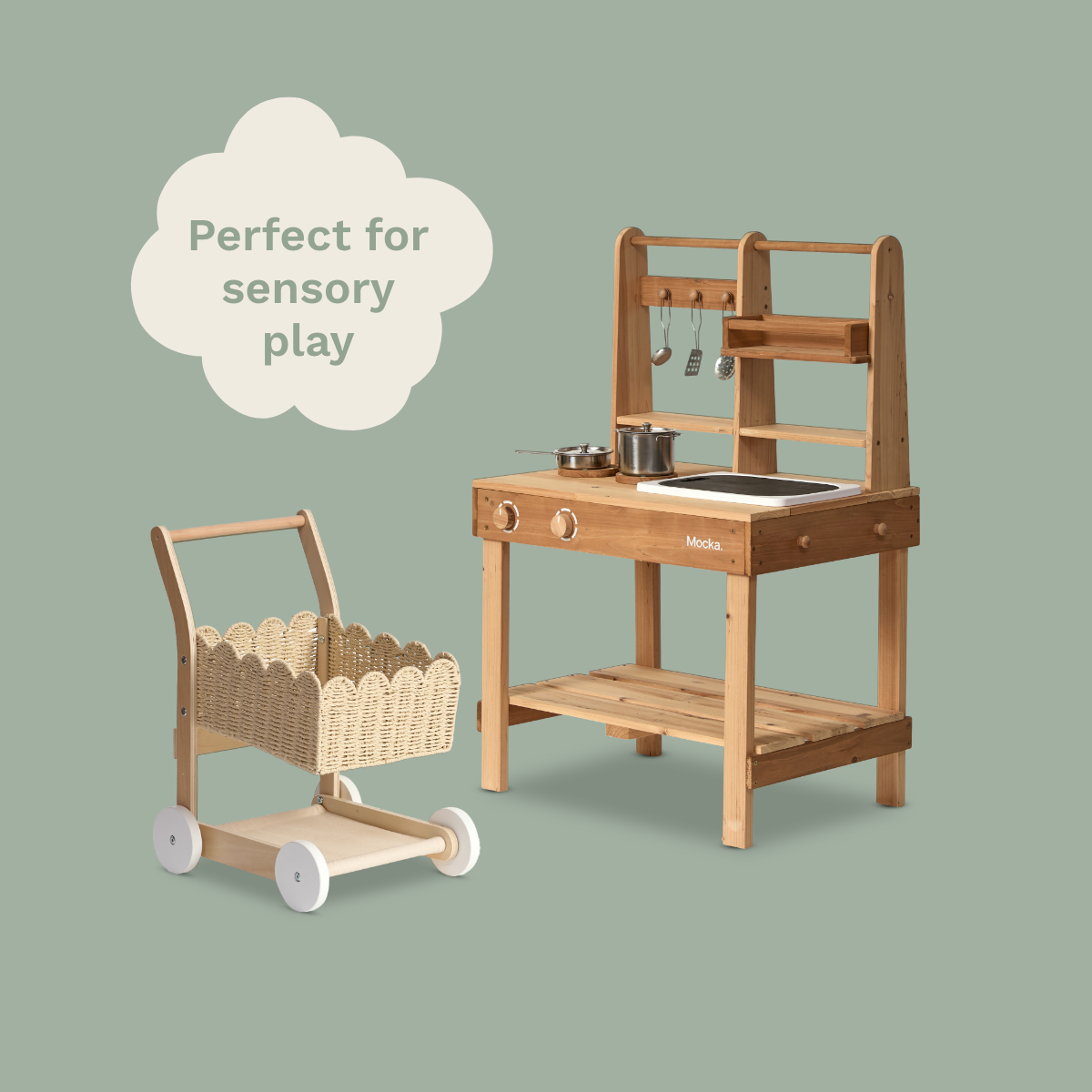 The Sensory Play Bundle - Messy Mud Kitchen and Basket Shopping Trolley