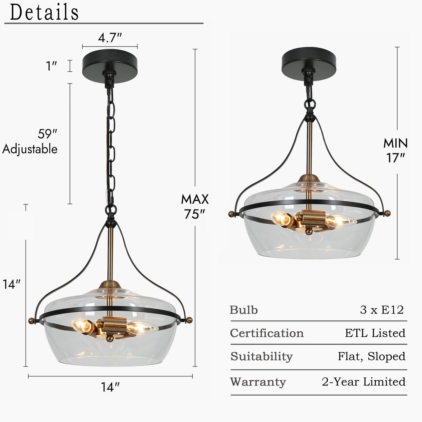 Zelena Modern Farmhouse Black Gold Chandelier 3-Light Glass Pendant Light for Kitchen Island Dining Room